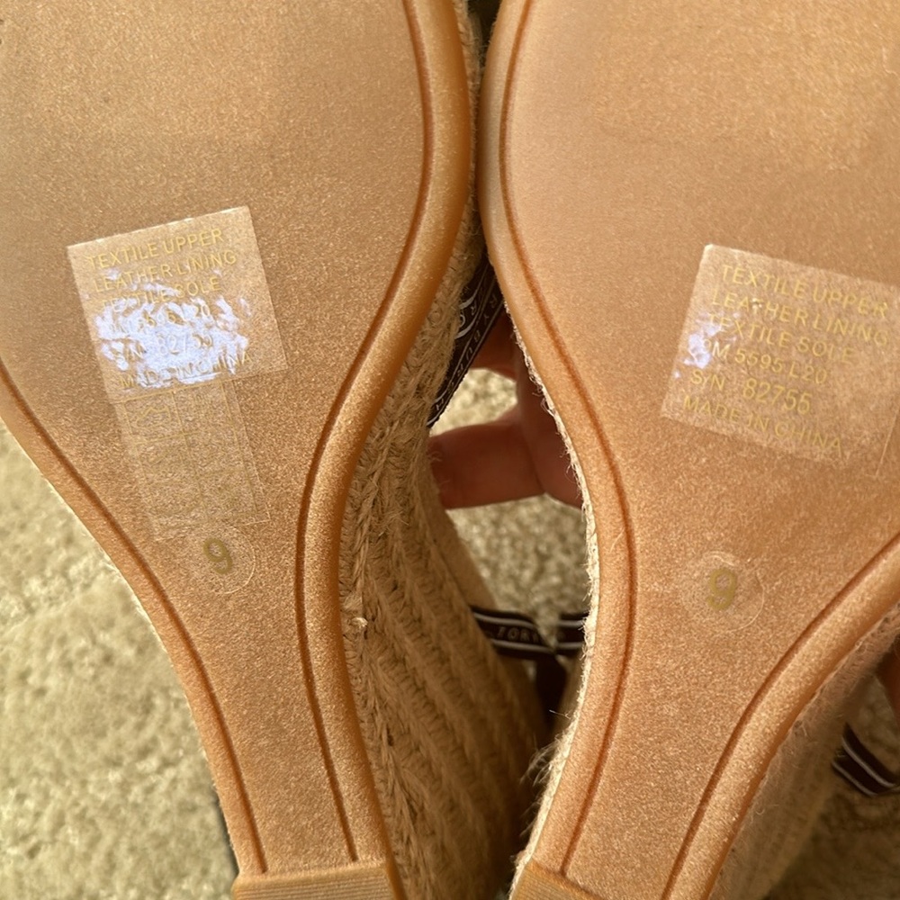 NEW Tory Burch Ribbon Strappy Wedge Espadrille Platform Sandals Navy Cream Tan 9 - Picture 16 of 16